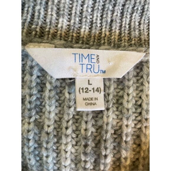 Time and Tru Gray Cable Knit V-Neck Collared Long Sleeve Sweater Size L (12-14) - Picture 7 of 9
